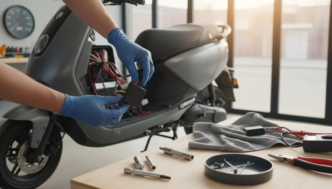 Mekaniker skifter ECU-boks på en knallert med åbent sæde og værktøj på arbejdsbordet.