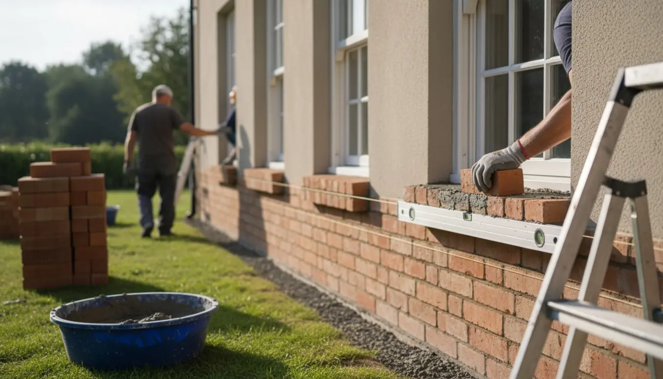 Fem nybyggede murede sålbænke under en række vinduer med murerværktøj i forgrunden.