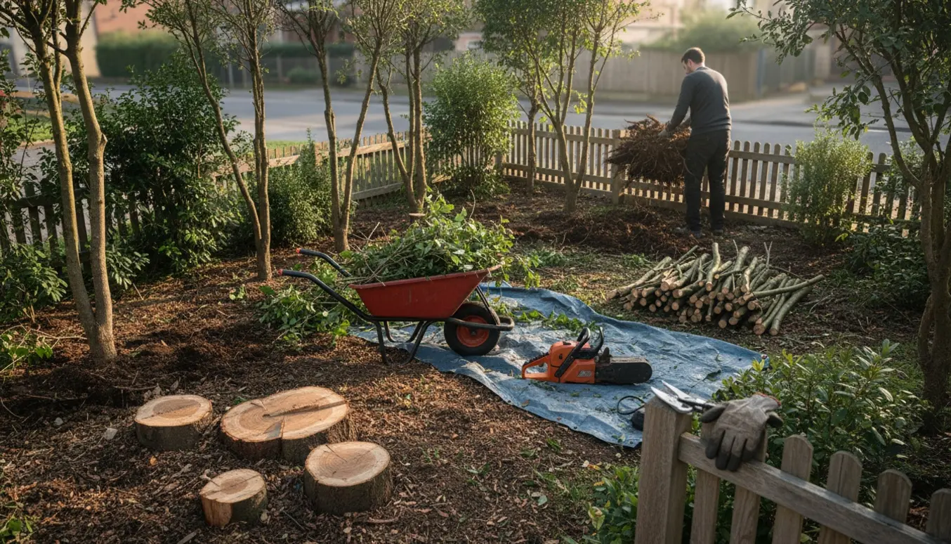 Udsnit af en hjørnehave med fældede småtræer, nøgne stød, opgravede rødder og værktøj samlet klar til bortkørsel.