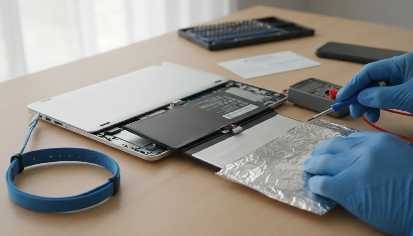 Hænder med handsker fjerner batteri fra en åben bærbar computer på et ryddeligt værksted.