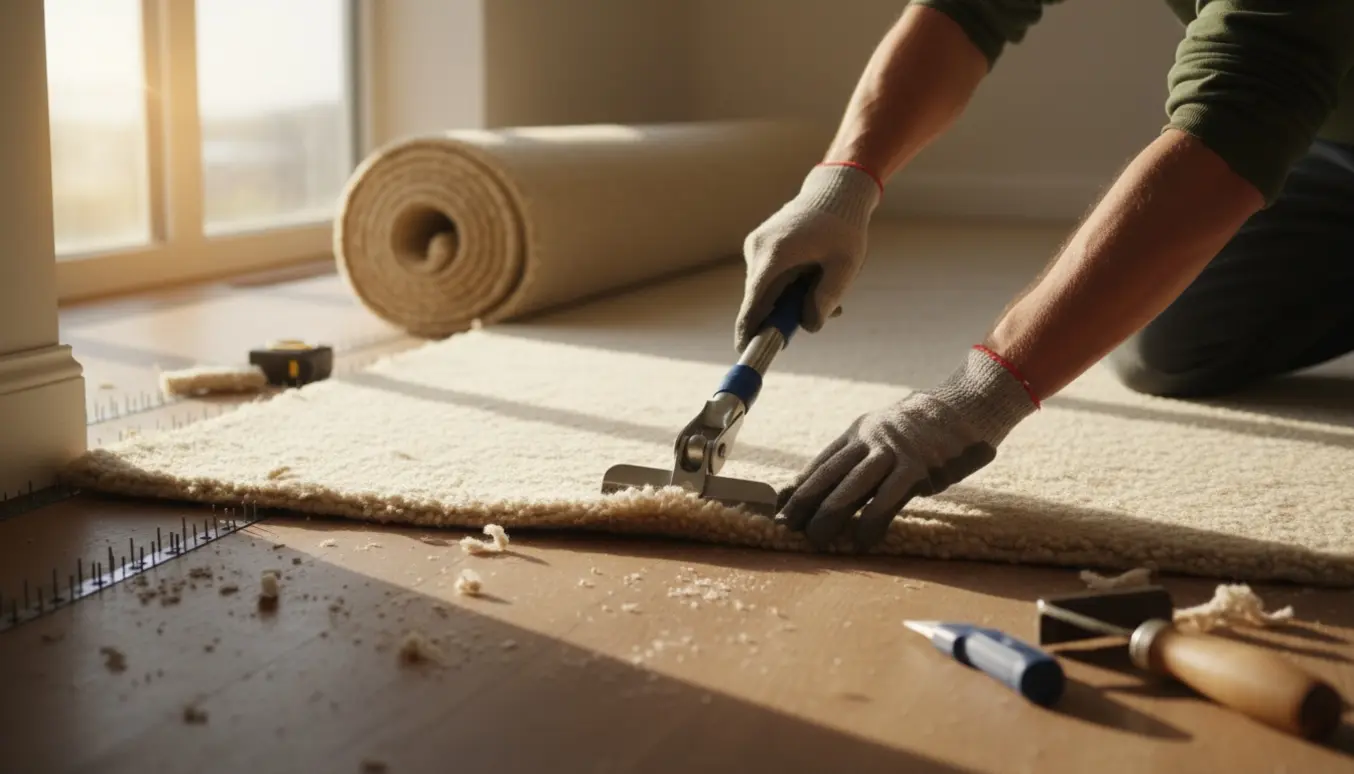 Hænder tilpasser og trækker et brugt gulvtæppe i et lyst soveværelse med værktøj ved siden af.