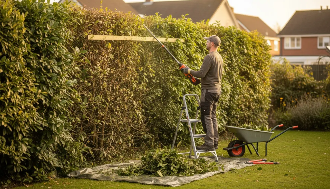 Person klipper høje hækplanter ned til normal hækhøjde i en solbelyst villahave.