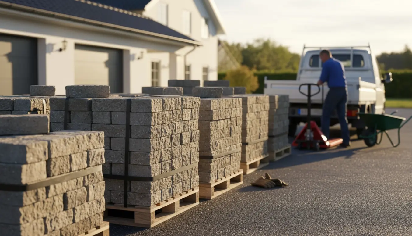 Stabler af herregårdssten på paller i en indkørsel klar til afhentning med en varebil og en arbejder i baggrunden.