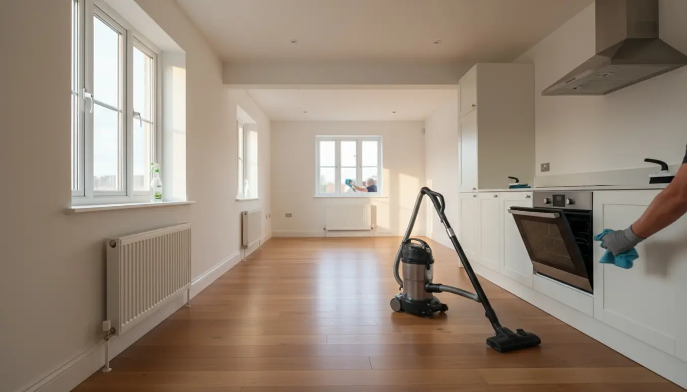 Tomt, nymalet hus med nyslebne trægulve, handskerede hænder støvsuger og tørrer vindueskarme og radiator af.