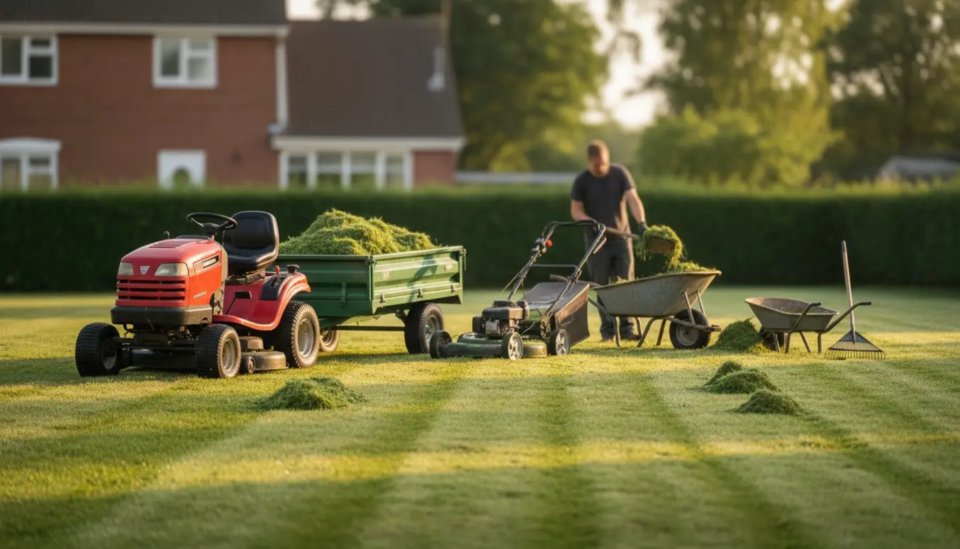 Plæneklipper og trailer med nyklippet græs på en mellemstor boliggræsplæne.