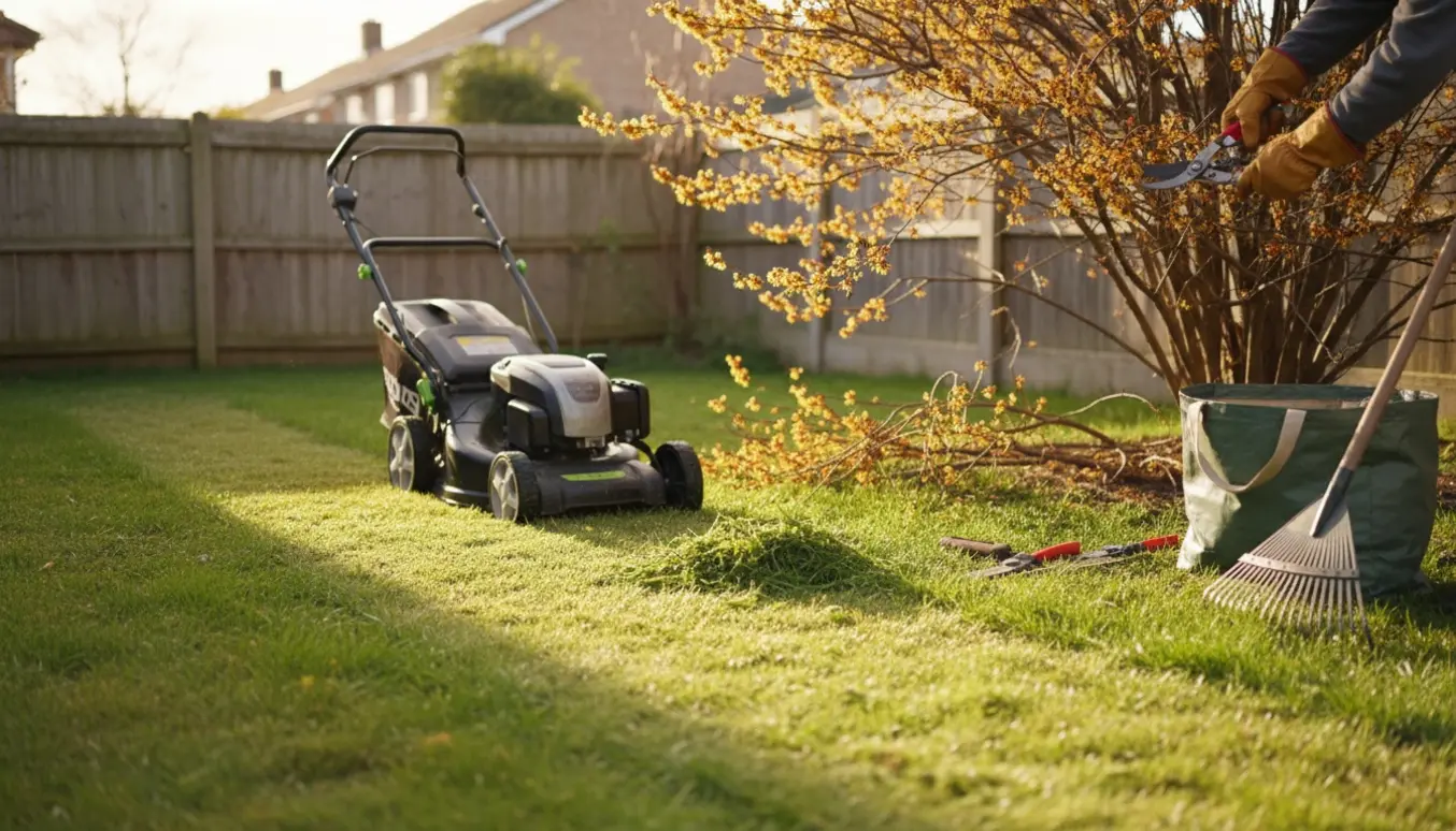 Baghave med en let overgroet græsplæne, en plæneklipper i gang og hænder, der beskærer en troldhassel.