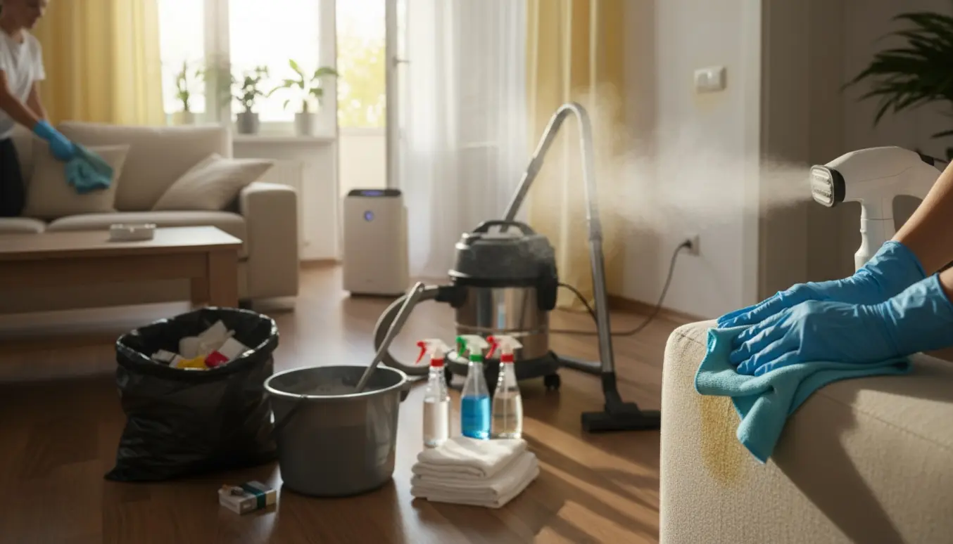 Hænder i rengøringshandsker fjerner nikotin fra en sofa i en lys lejlighed med rengøringsudstyr og åben vindue.