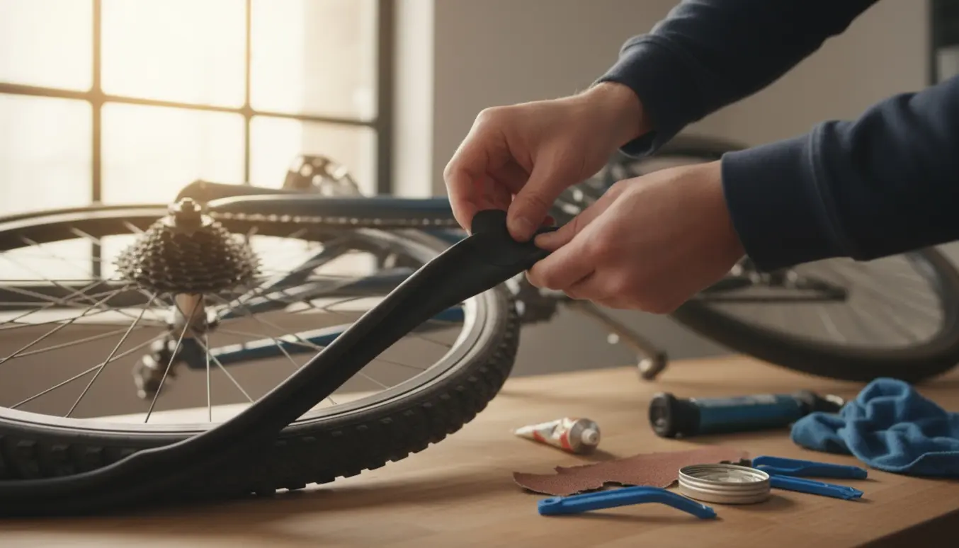 Hænder lapper et punkteret bagdæk med lapningskit på et lyst værksted.