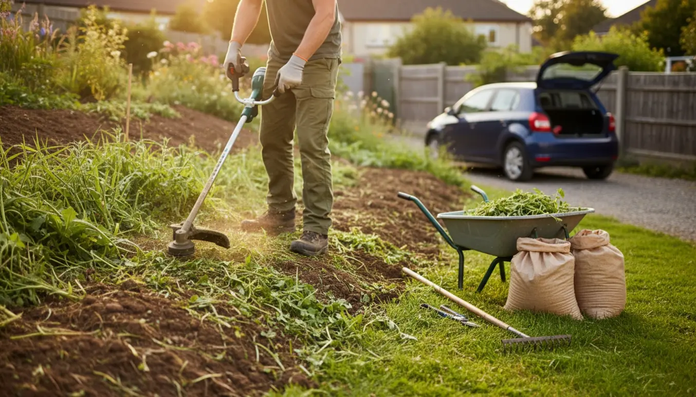 En person trimmer ukrudt på en stejl græsskråning med trillebør og sække til haverester klar til bortkørsel.