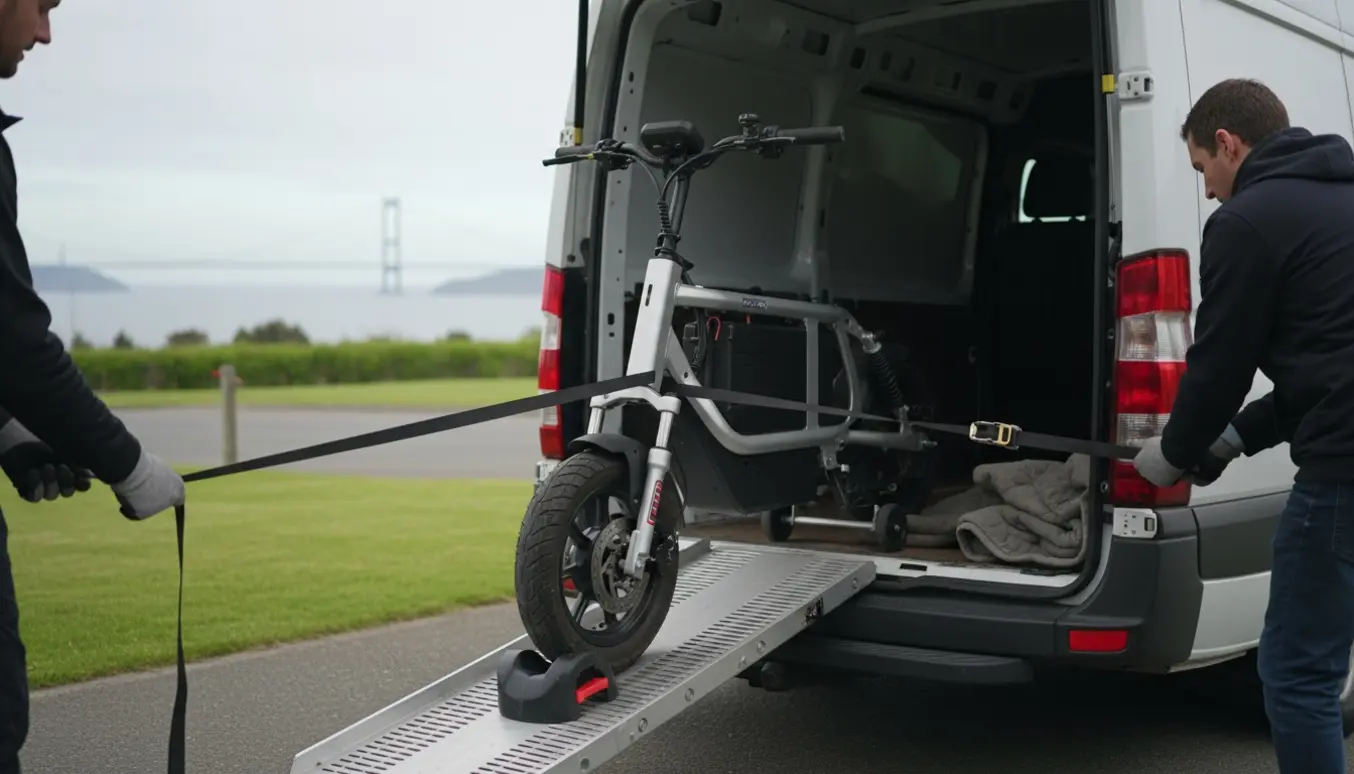 En el‑knallert læsses og sikres i en hvid varebil med rampe og dolly, to personer ses kun bagfra.