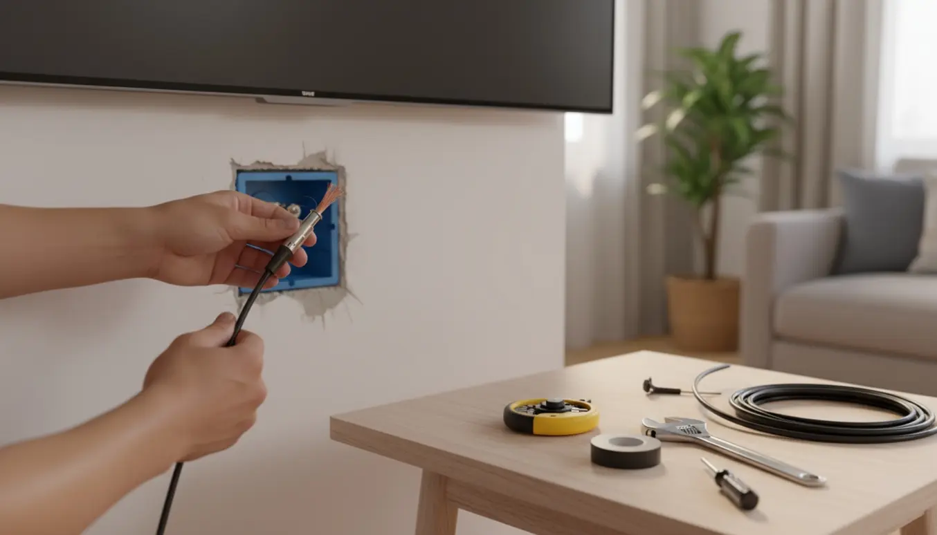 Nærbillede af hænder, der udskifter et coax-TV-kabel bag et væghængt fjernsyn.