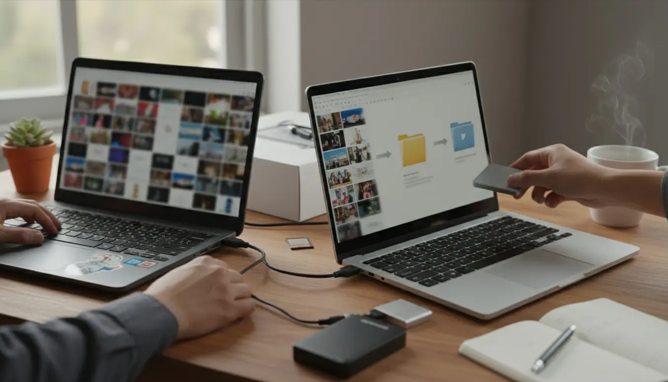 Ryddeligt skrivebord med ny og gammel computer, hænder tilslutter en ekstern harddisk mens fotos overføres mellem skærmene.