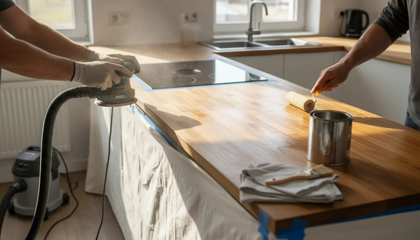 Hænder sliber og roller klar lak på en delvist slebet træbordplade ved en induktionsplade og vask.