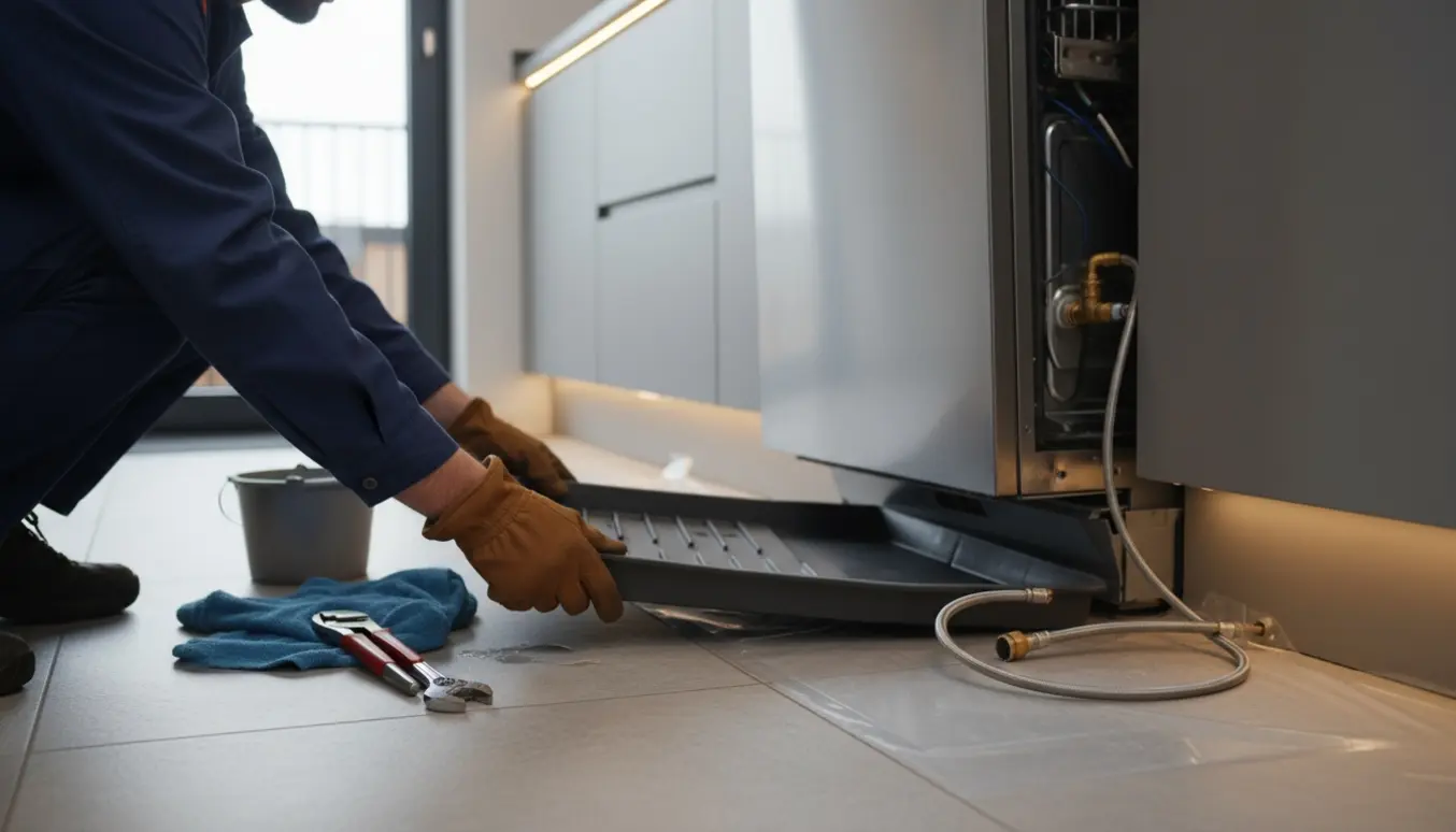 Håndværker monterer en drypbakke under en opvaskemaskine, opvaskemaskinen er trukket frem uden sokkel.