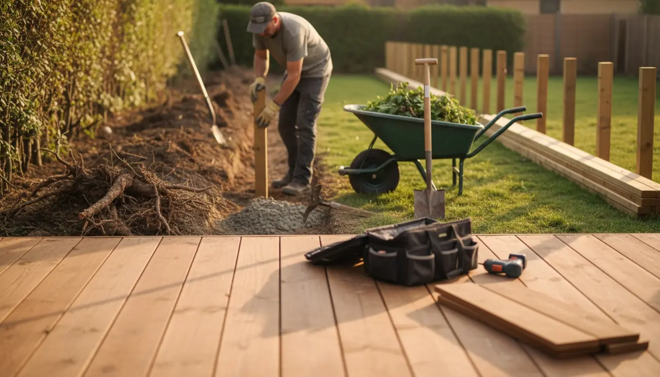 Baghave under renovering med delvist fjernet hæk, opsatte hegnsposter og en ny træterrasse.