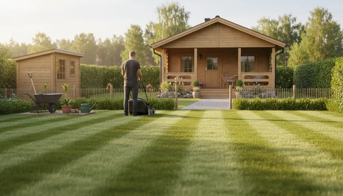 Nyslået græs og græsslåmaskine foran et velholdt træsommerhus.