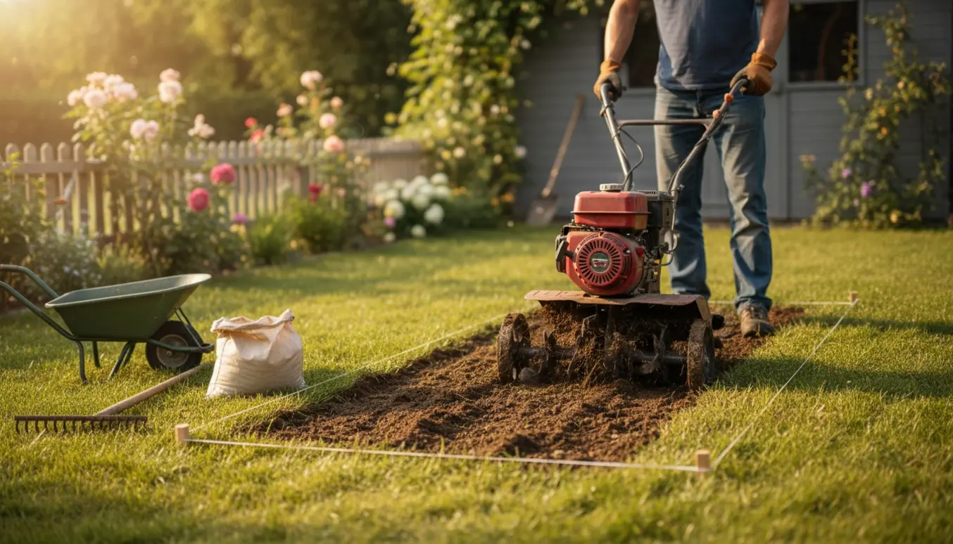 En haveejer fræser et ca. 6 m² stort stykke græsplæne med en lille fræser for at forberede jorden til ny græssåning.
