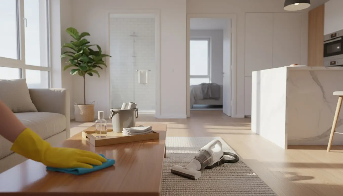 Hænder i gule handsker tørrer et sofabord i en lys, moderne lejlighed med få rengøringsmidler i nærheden.