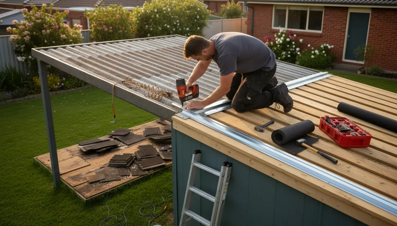 Håndværker set bagfra monterer nyt tag på et skur, med carportens tag synligt ovenover og værktøj i forgrunden.