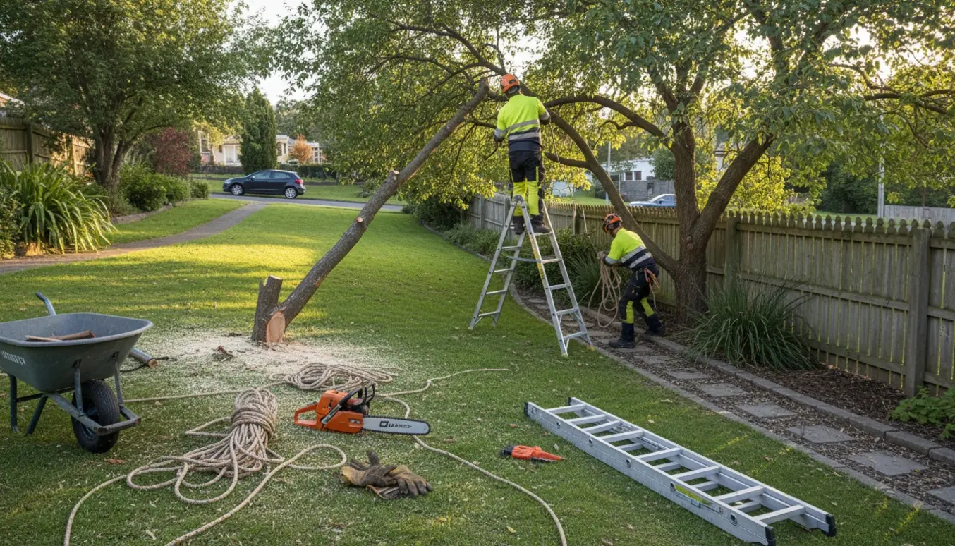 Arbejder fælder et tyndt træ og beskærer to store grene ved naboskel i en skrånende have med værktøj og en parkeret bil i baggrunden.