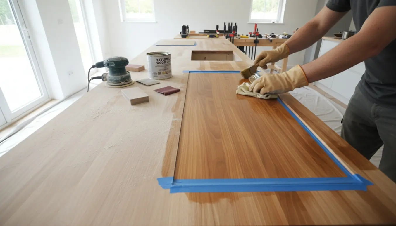 Lang træbordplade i køkken under slibning og oliering med værktøj og udskæringer til vask og komfur.