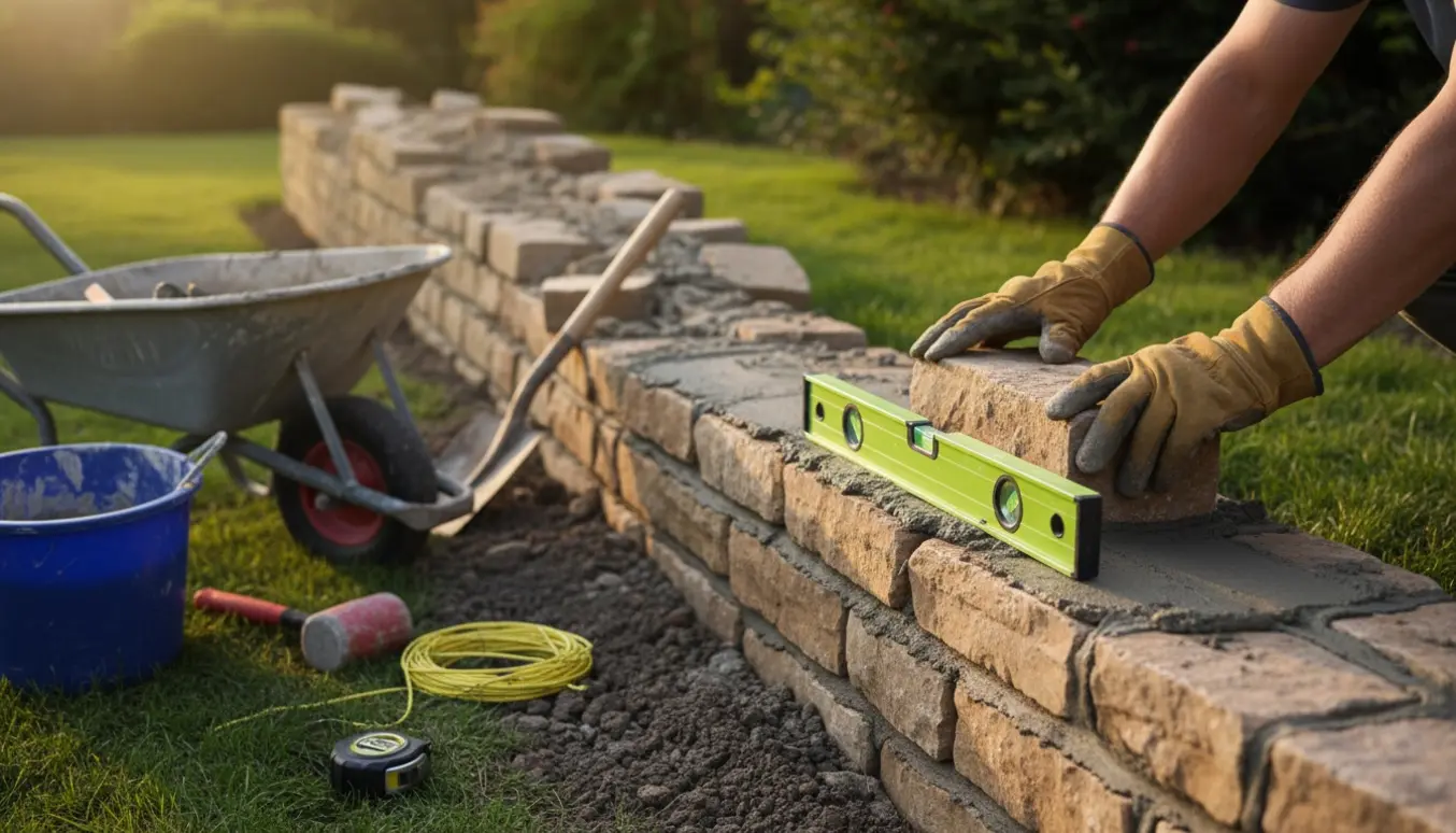 Nærbillede af renovering af en ulige haven støttemur med sten, mørtel og vaterpas.