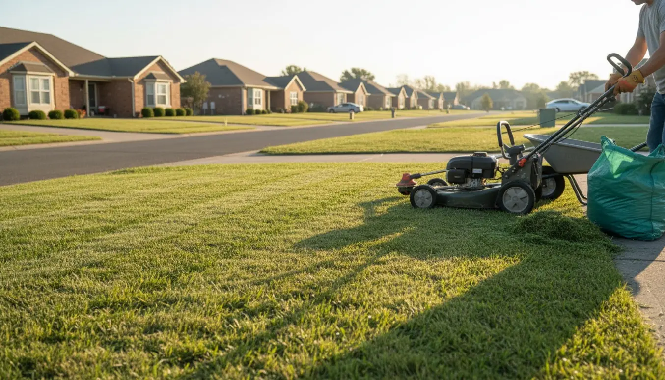 Række af små fælles græsplæner langs den ene side af en villavej, hvor forreste plæne netop er slået med en plæneklipper.
