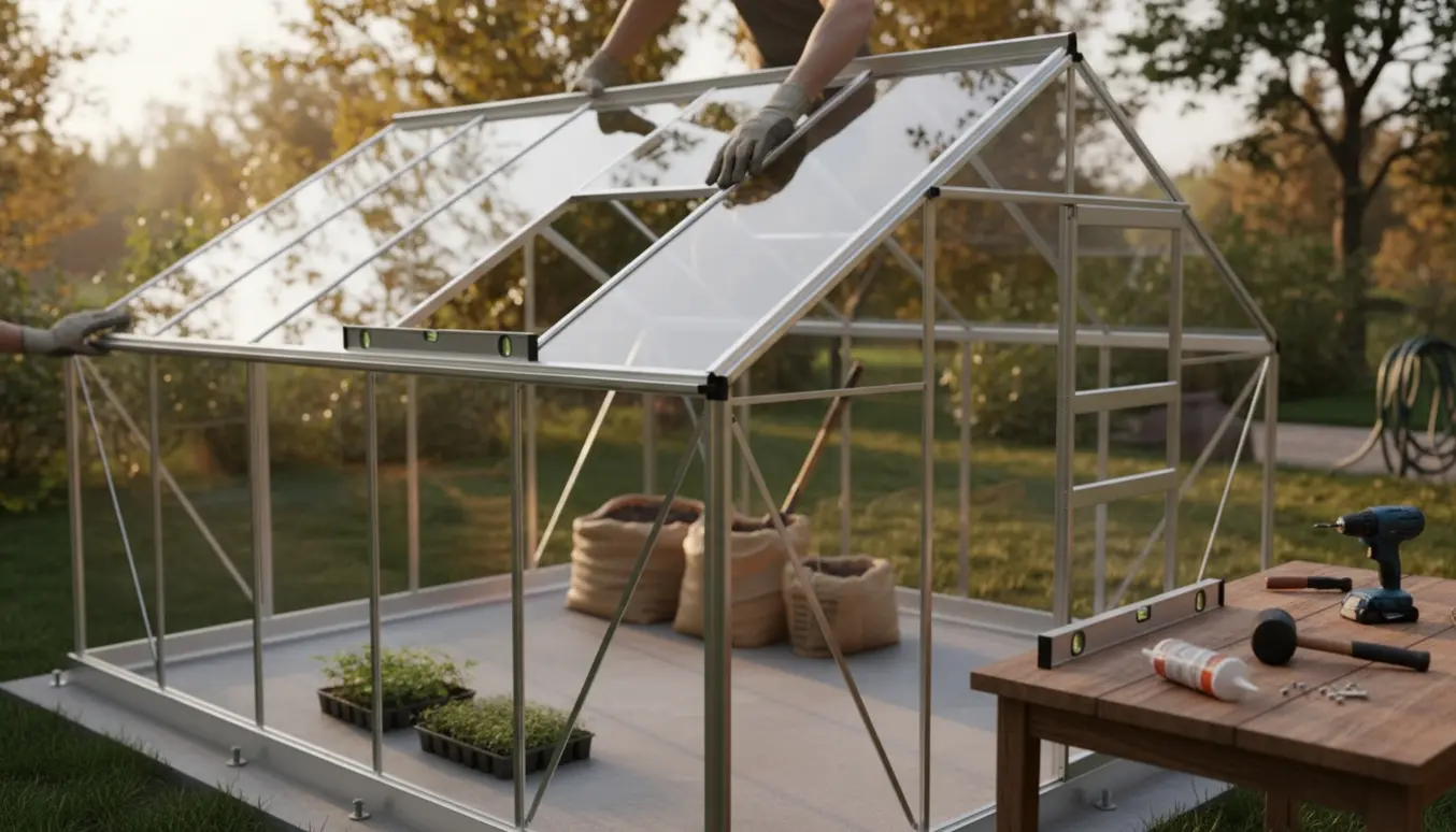 Hænder monterer et glaspanel på et delvist samlet drivhus med værktøj og potteplanter omkring.