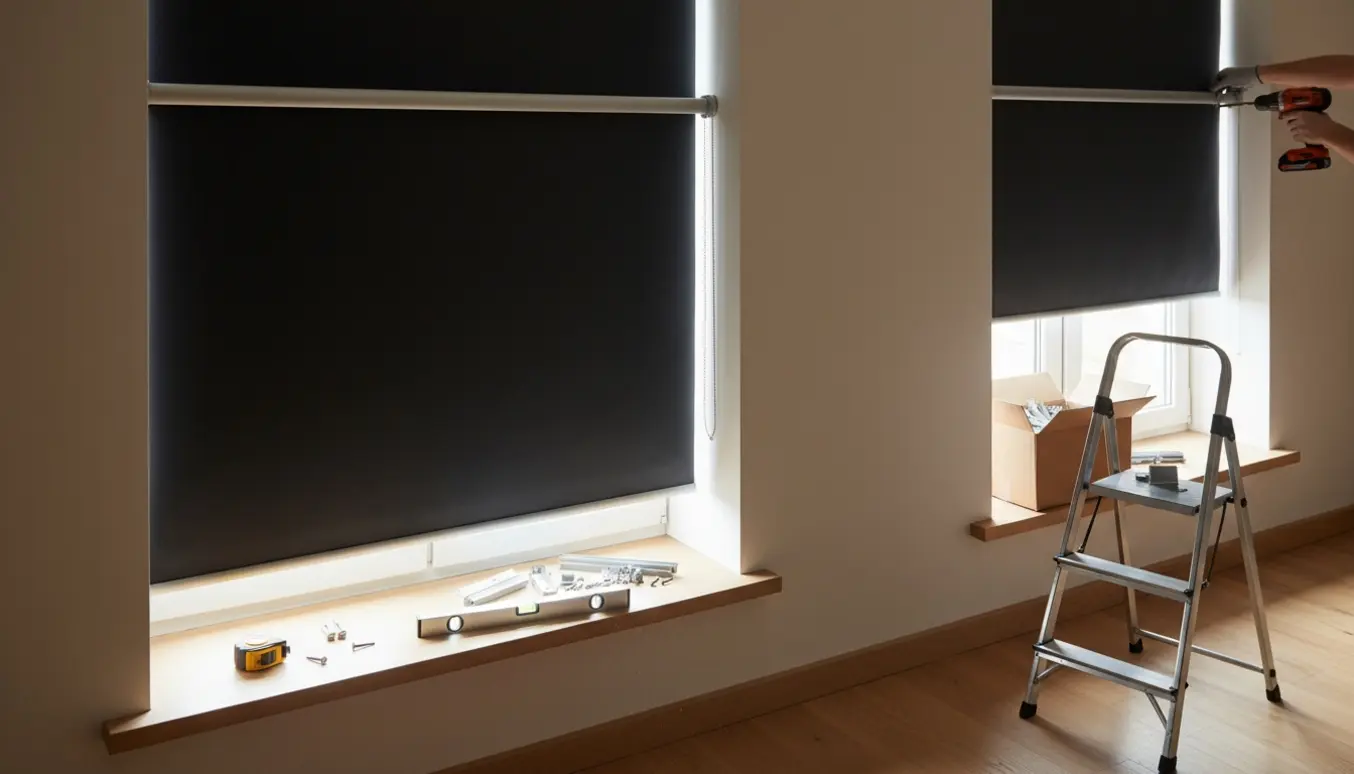 Hænder monterer to mørklægningsrullegardiner ved et vindue med værktøj og beslag.