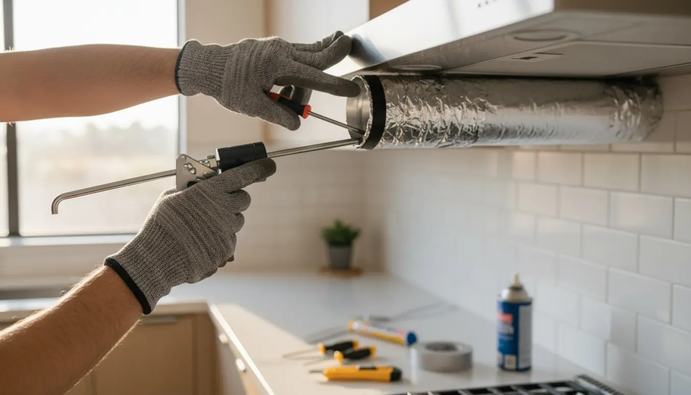 Handskeklædte hænder tætner og isolerer en rustfri emhætte i et moderne køkken.