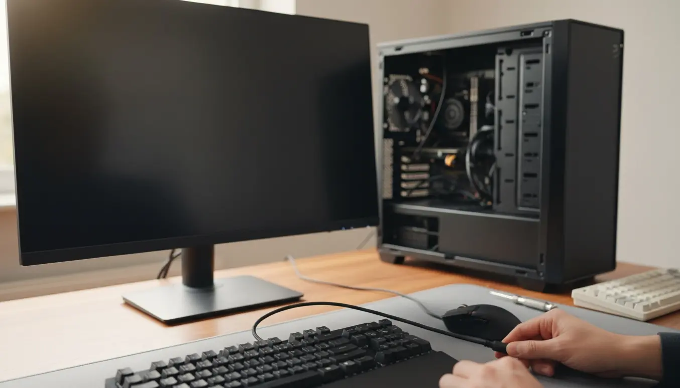 Hænder fejlfinder en stationær pc ved at frakoble tastaturet, mens skærmen er uresponsiv.