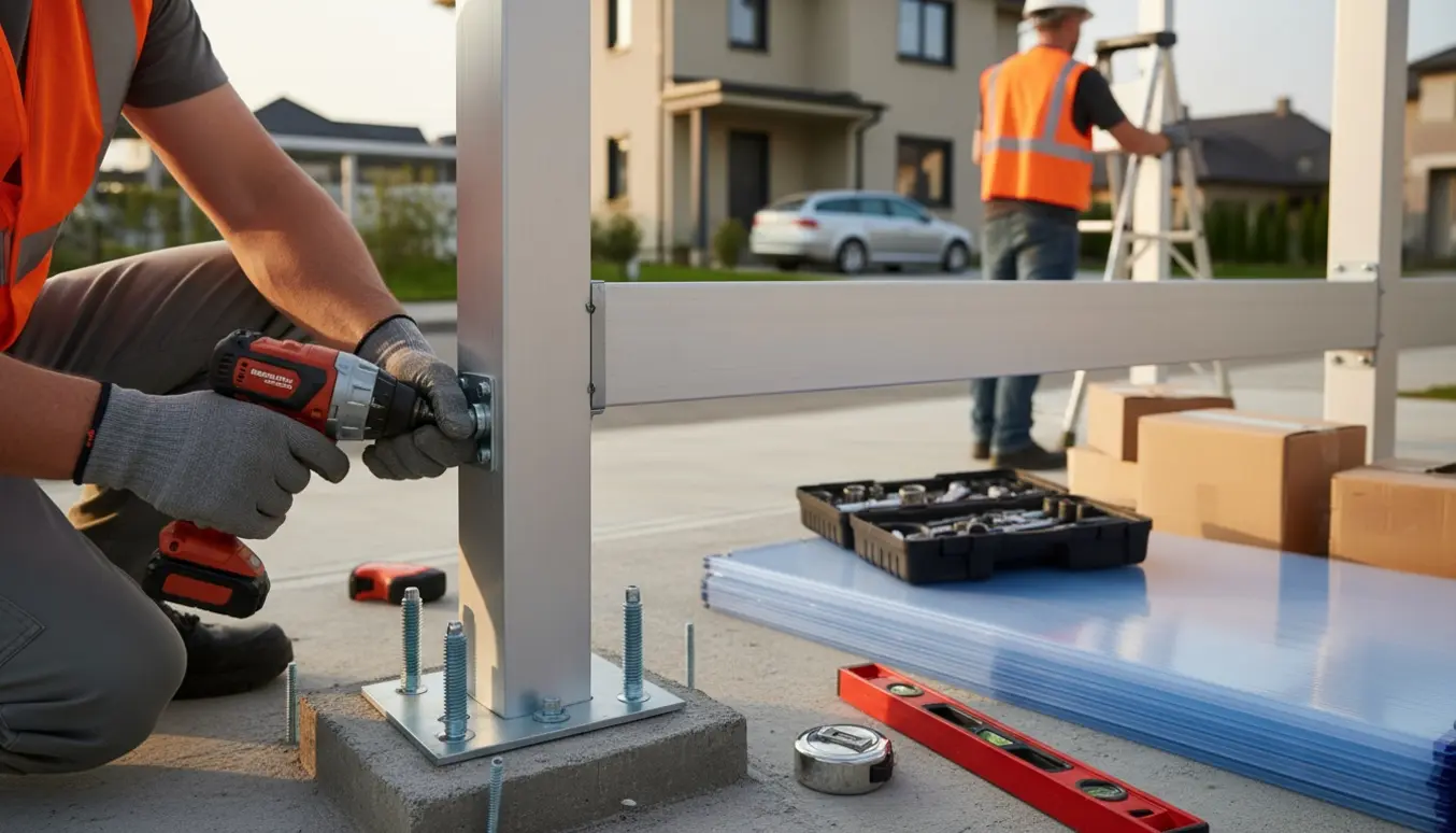 Delvist opsat aluminium carport fastgjort til støbte betonpæle med værktøj og en håndværker set bagfra.