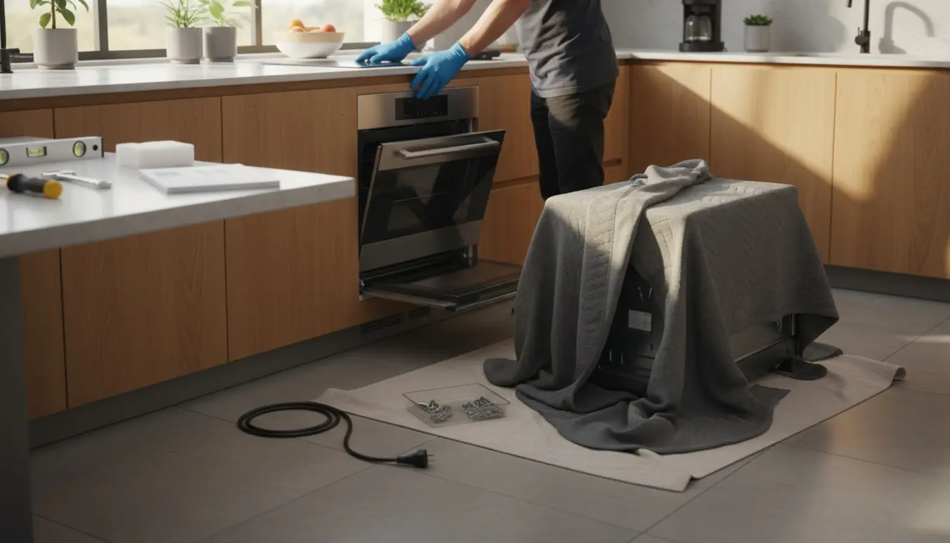 Nyt indbygningsovn trækkes ind i et køkkenskab af handskerklædte hænder, med den gamle ovn ved siden af og værktøj på bordet.