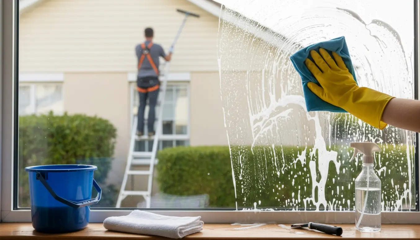 Indvendig hånd pudser et vindue, mens en vinduespudser udenfor arbejder fra en stige.