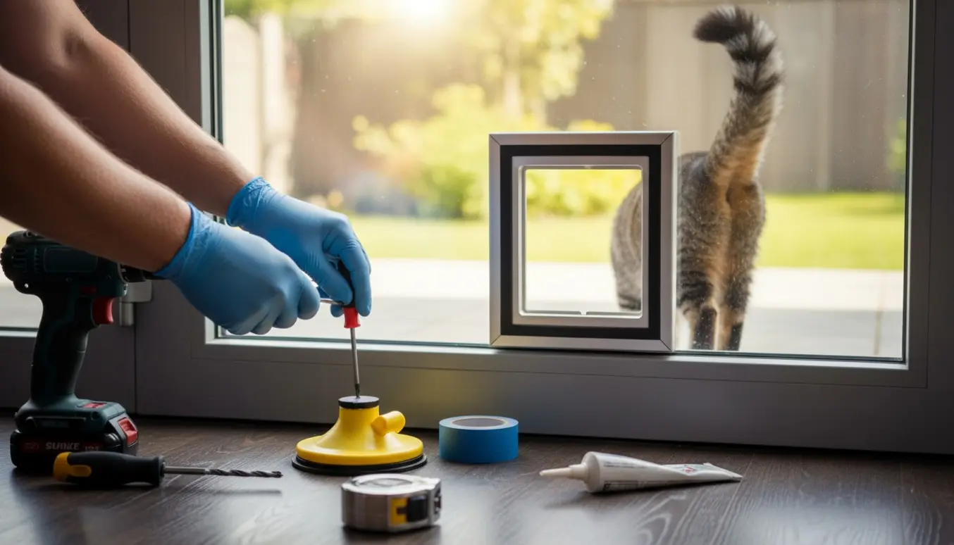 Kattelem i nederste glasrude på en yderdør, hænder ved monteringen og en kats hale, der stikker igennem.