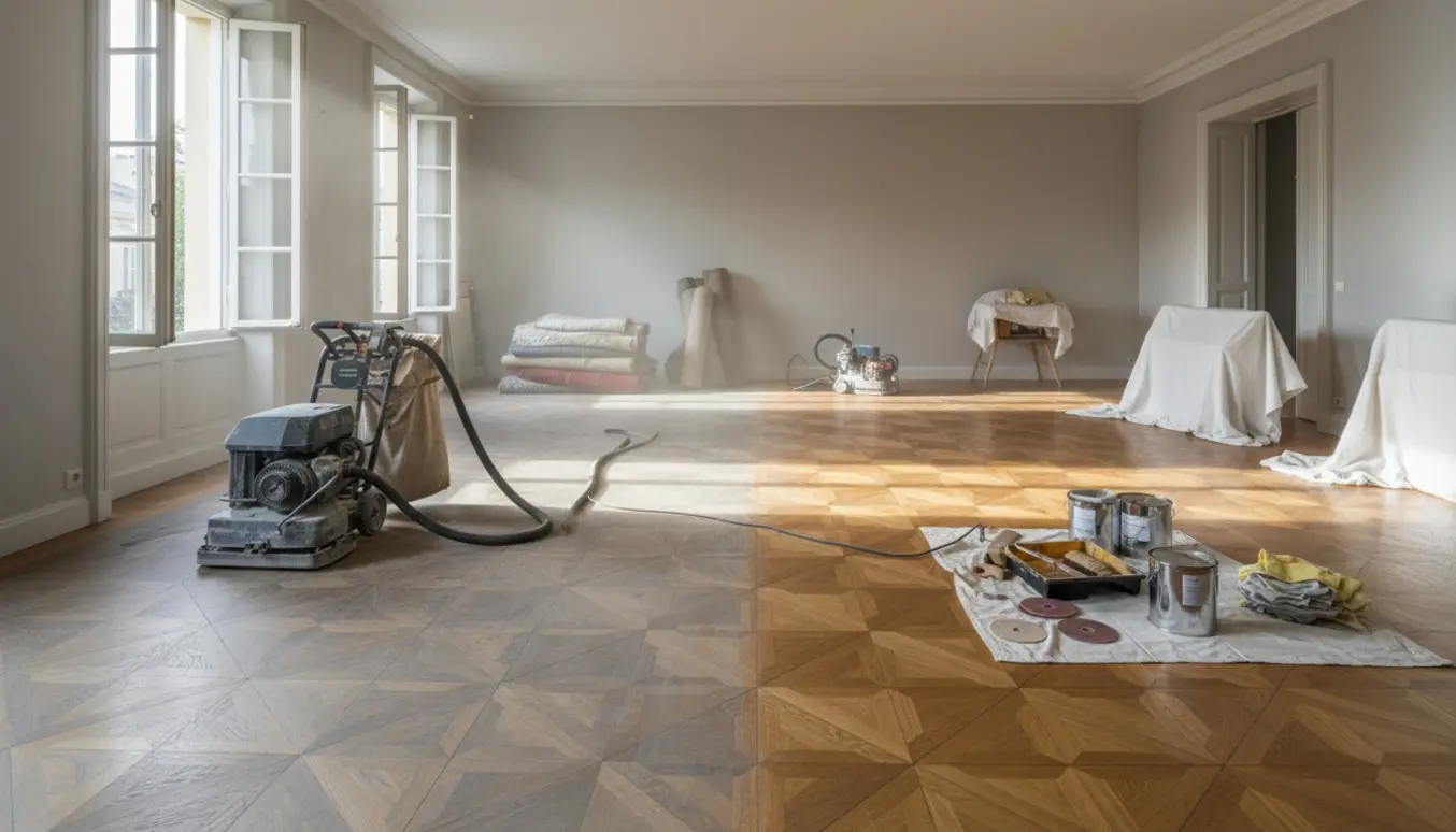 Halvslibet parketgulv i stort rum med slibemaskine, rullede gulvtæpper og åbne vinduer.