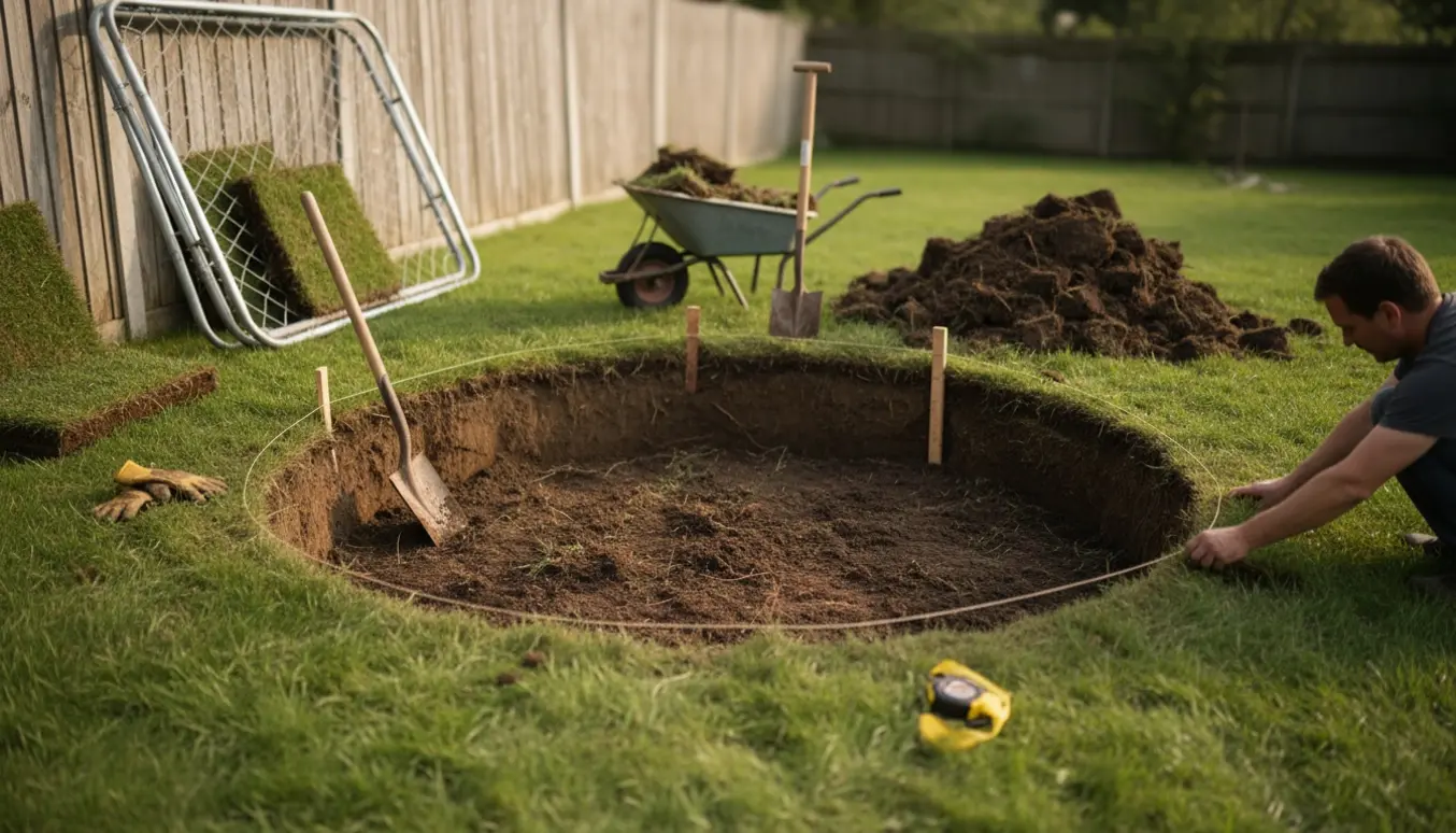 Et cirkulært hul gravet i en græsplæne til en nedgravet trampolin, omgivet af værktøj og stakkede græstykker.