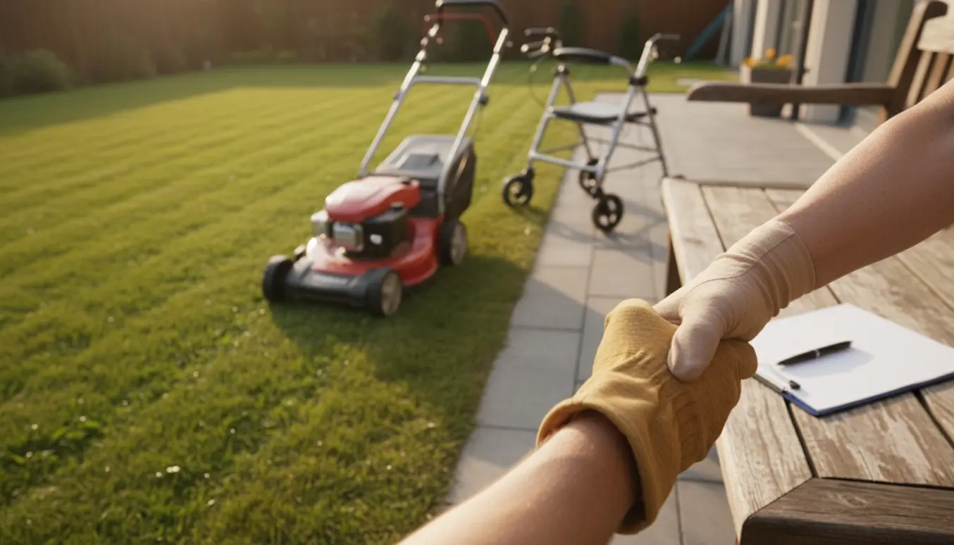 Håndtryk foran en nyligt slået plæne med plæneklipper og en kørestol i baggrunden.