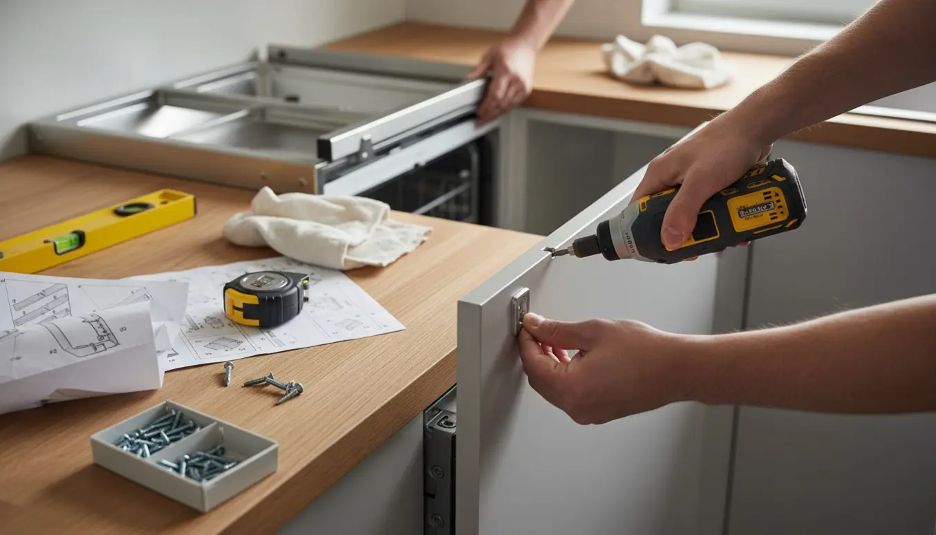 Hænder monterer låge på integreret opvaskemaskine og sætter glideskinner i et indbygget køle-fryseskab.