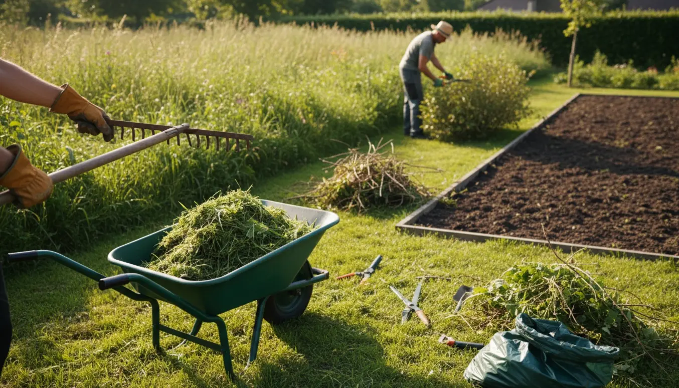 Havemand set bagfra arbejder med rive og trillebør i en forsømt have med bunker af afklip.