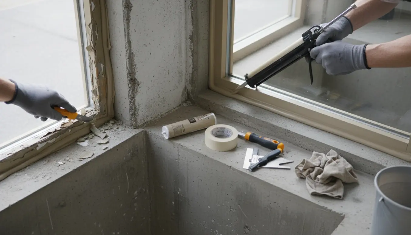Nærbillede af udskiftning af fuger omkring to kældervinduer i lyskasser med fugepistol og handsker.
