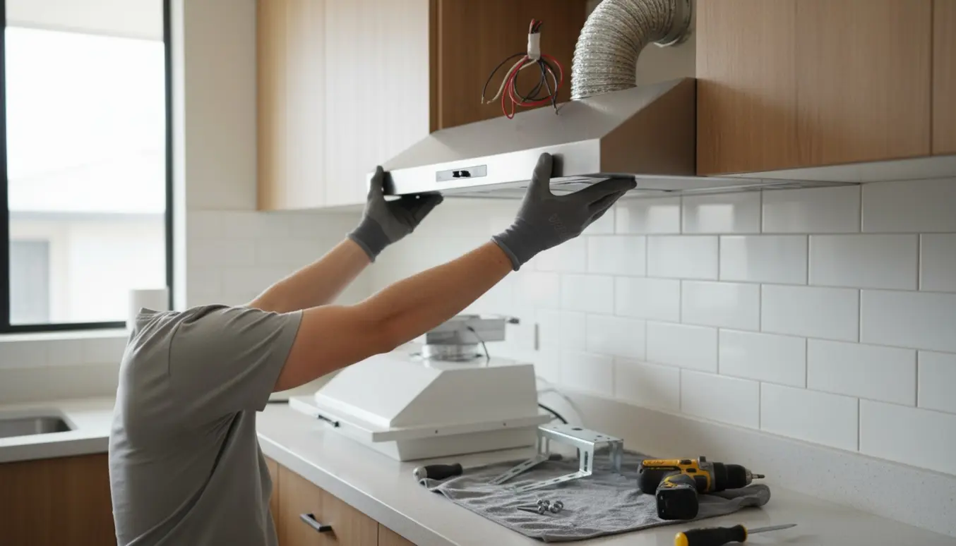 Hænder monterer en ny rustfri emhætte under et køkkenskab med værktøj på bordet.