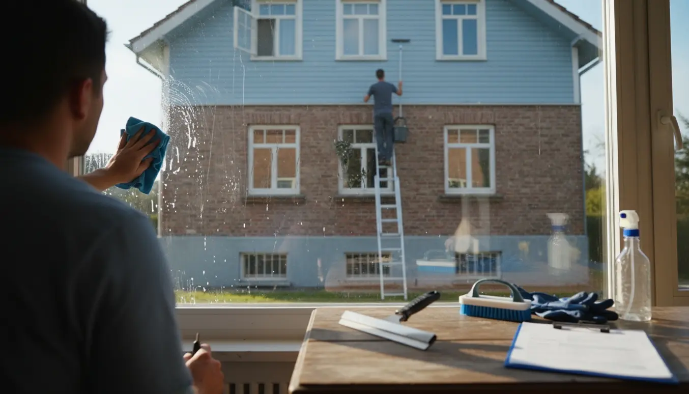 Vinduespudsning på en ældre toplansvilla med rengøringsudstyr og en sløret regning på bordet.