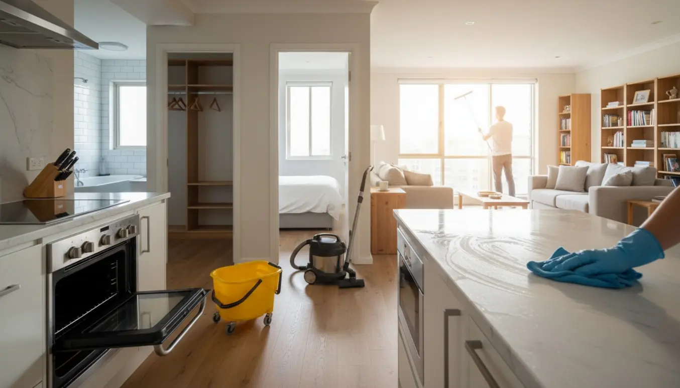 Grundig fraflytningsrengøring i lys, stor lejlighed med rengøringsudstyr og skinnende overflader.
