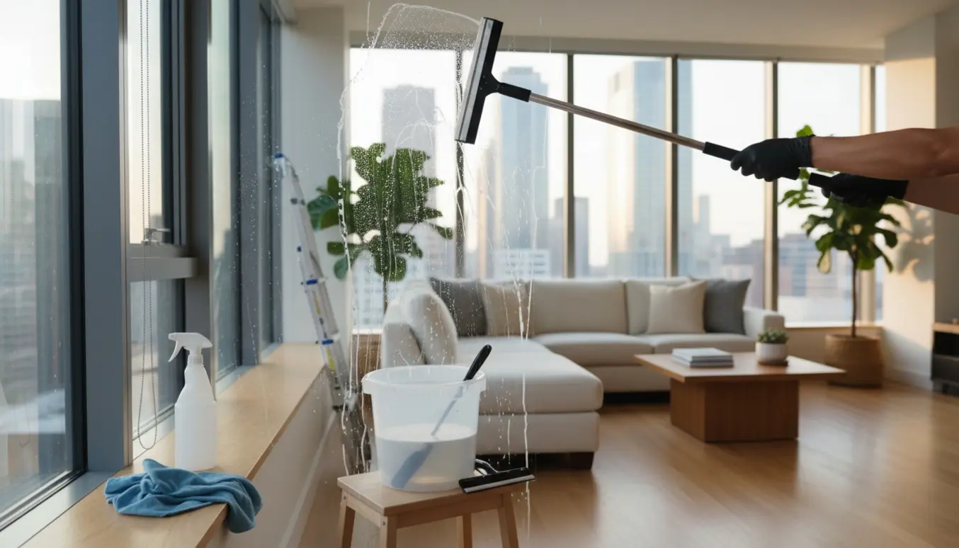 Hænder pudser et stort gulv-til-loft vindue med en visker i en lys, moderne lejlighed.