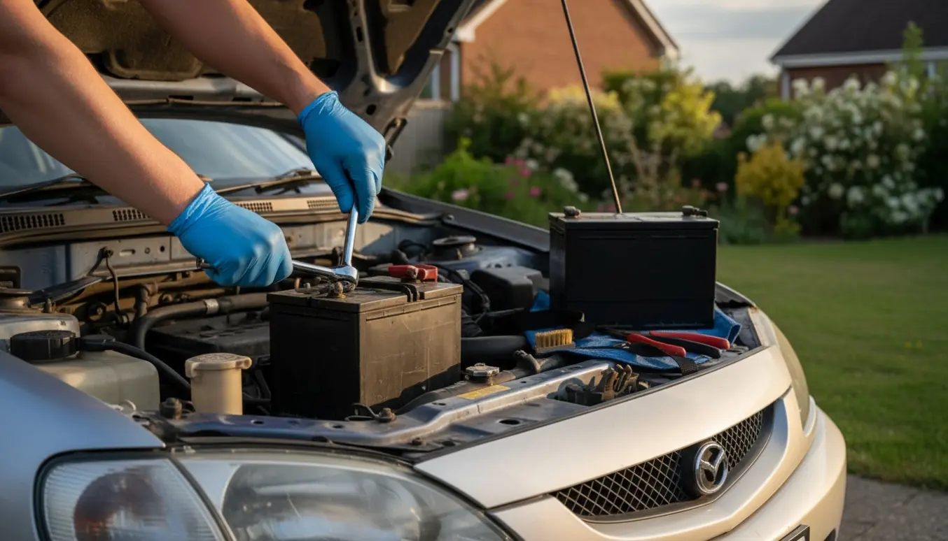 Hænder skifter bilbatteri i motorrummet på en ældre lille hatchback i indkørslen.