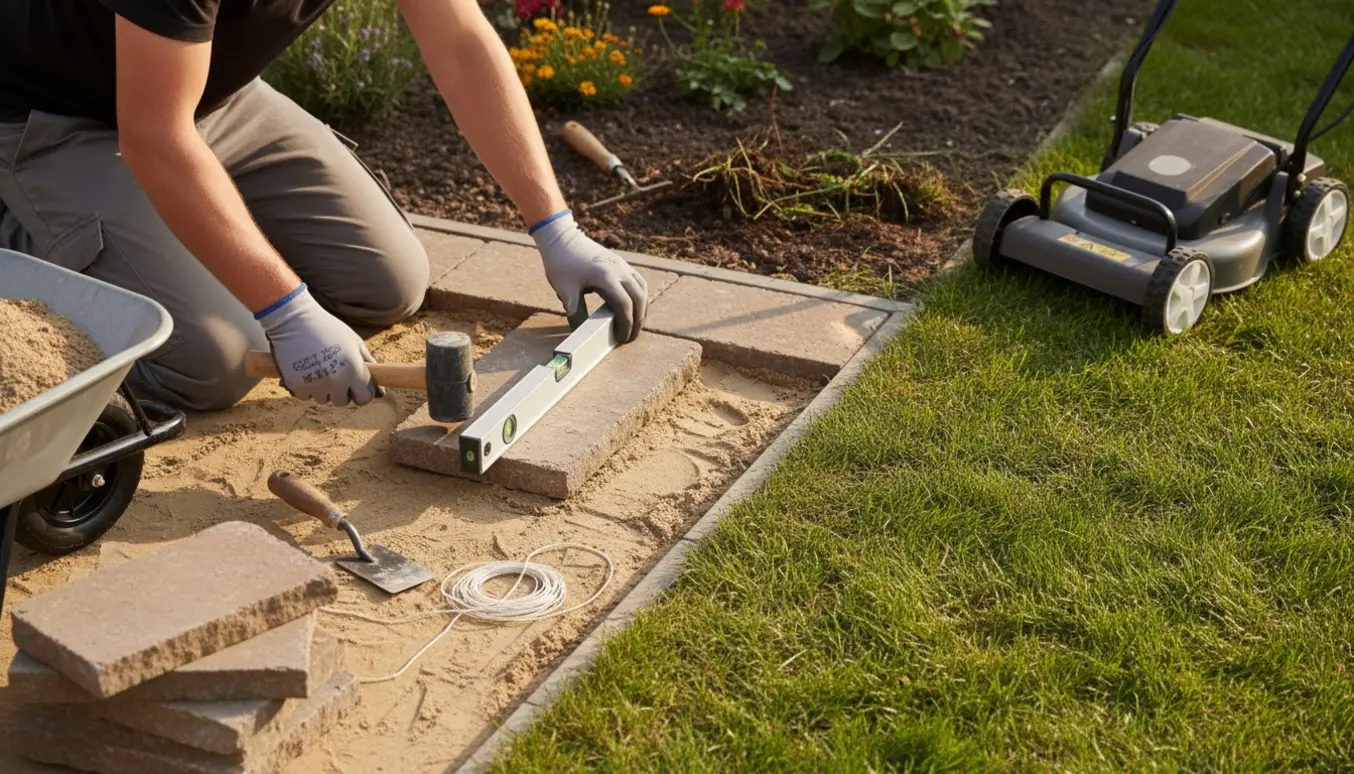 En person genlægger fliser i en lille have med nyslået græs og renskårne bede.