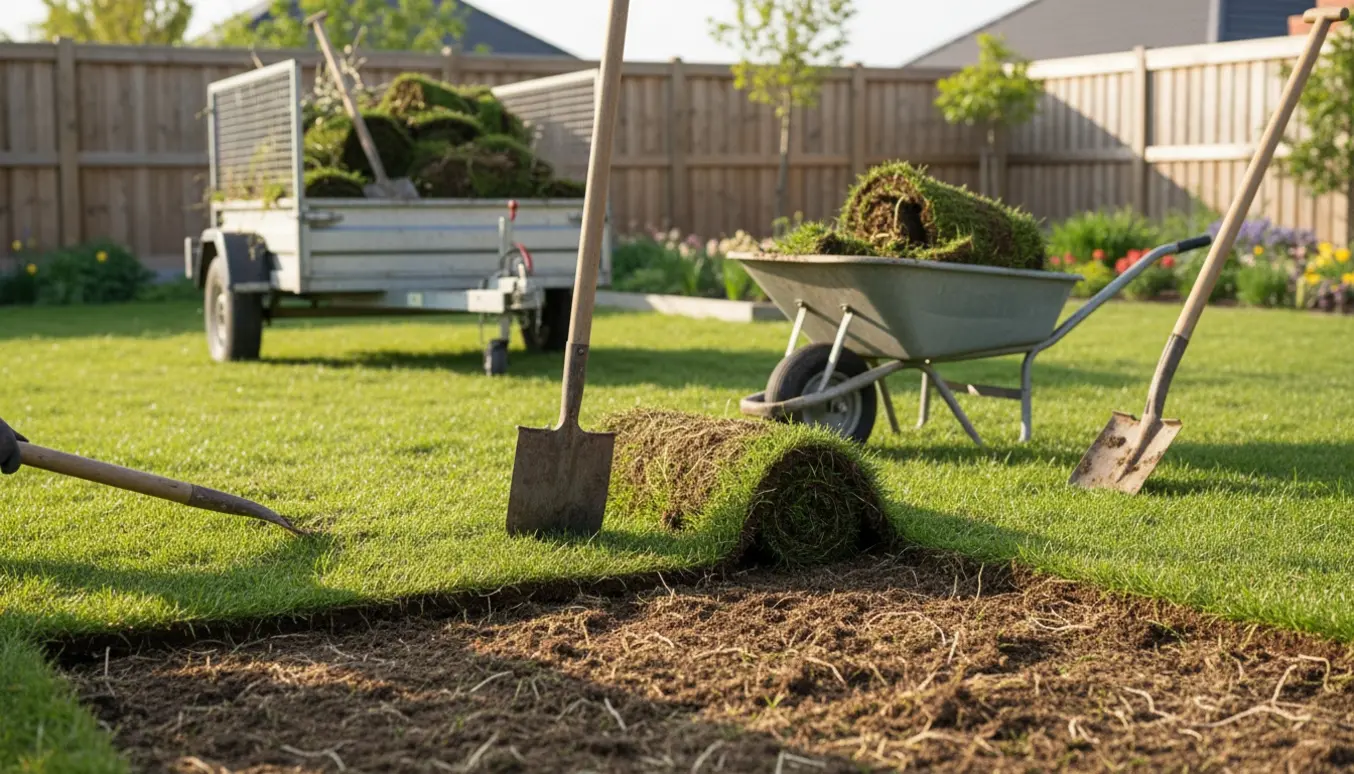 Oprevet lille græsplæne med spade og trillebør fyldt med turf, klar til bortkørsel med trailer.