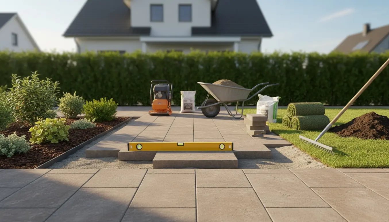 Forhave og udvidet terrasse under renovering med nye store fliser, planter og værktøj.