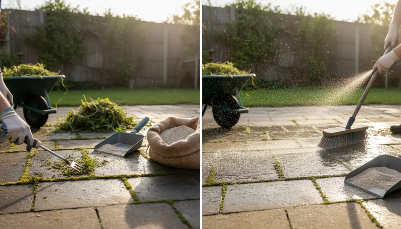 Rensede fliser med fjernet ukrudt og redskaber klar til at fylde fugesand på.